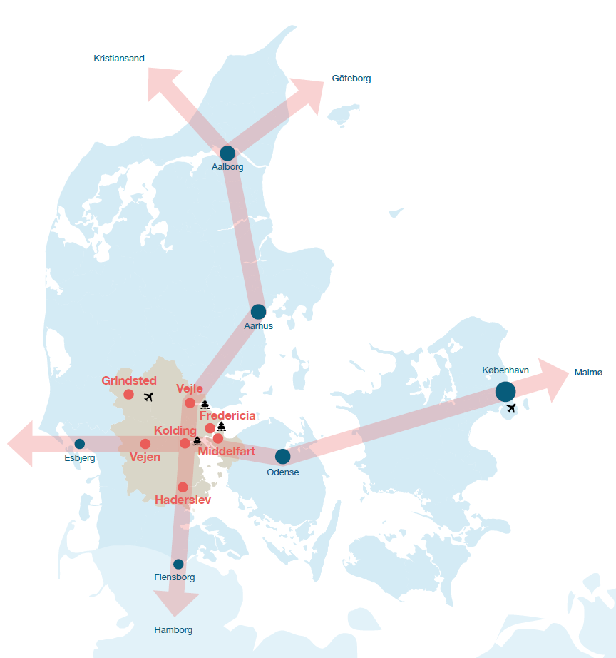 Figuren viser Trekantområdets placering i forhold til andre store byer